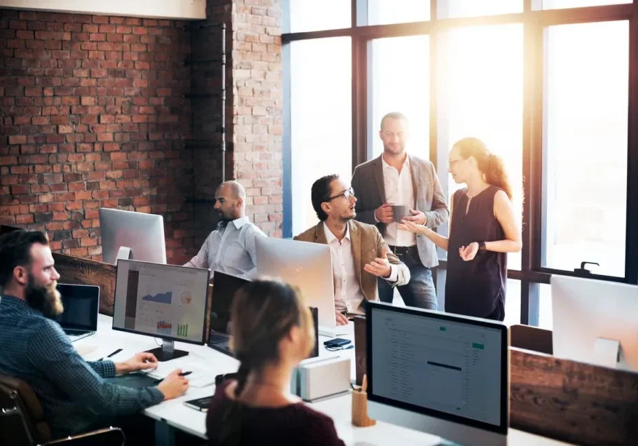 Team collaborating in modern open-plan office